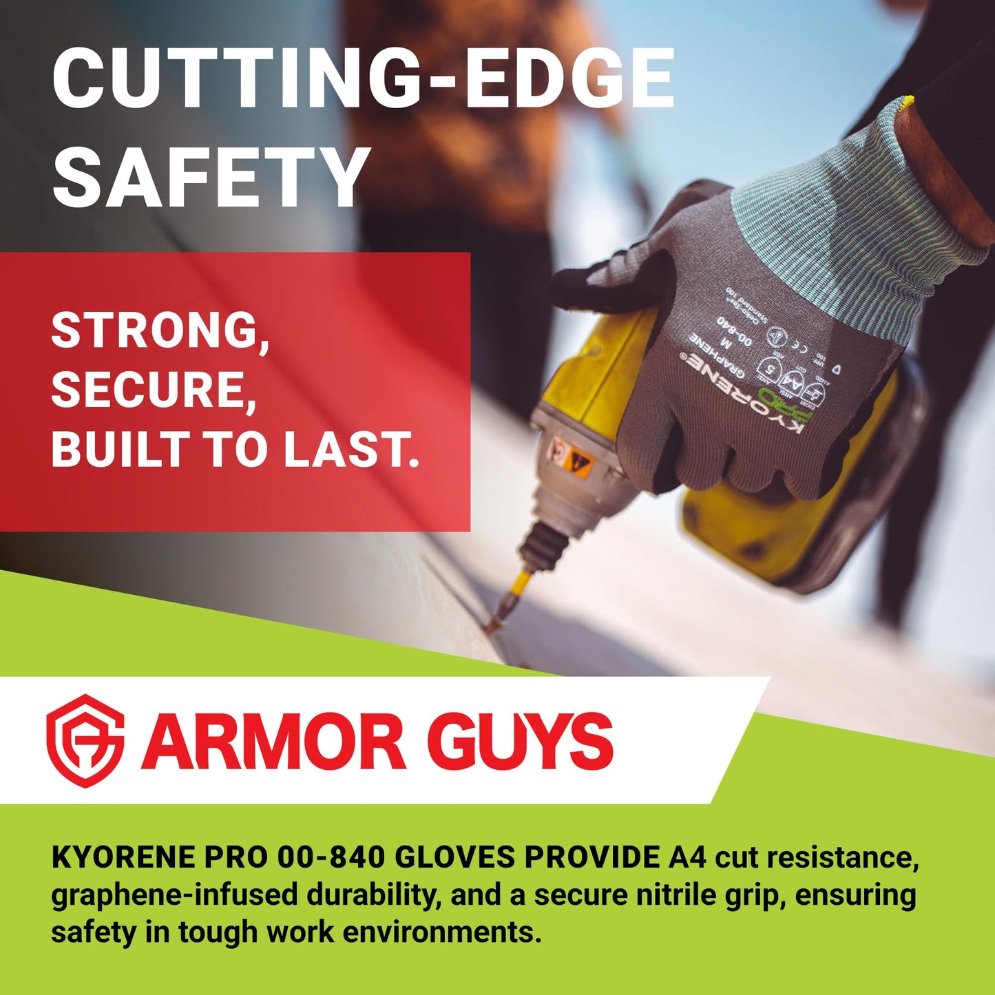 Armor Guys Kyorene Pro 00-840 A4 Cut Resistant Work Gloves - Graphene, Nitrile Grip, Durable, Breathable for Industrial Use - L, 72 Pairs