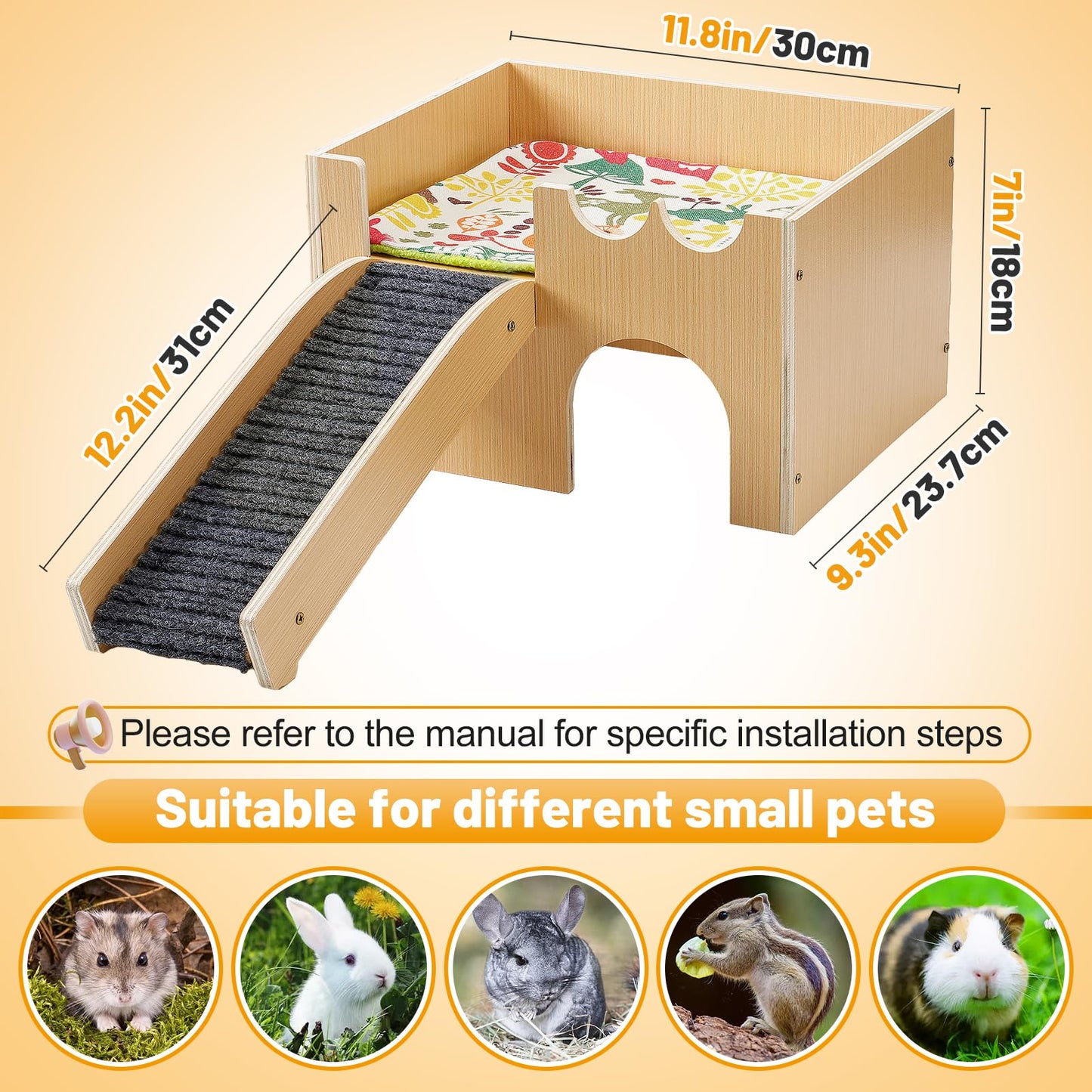 Upgraded Guinea Pig Castle, Sturdy Wooden Guinea Pig Hideout, Small Animal House Bed Hut Habitats with Stairs, Easy to Assemble for Hamsters Bunny Chinchillas Playing Hiding