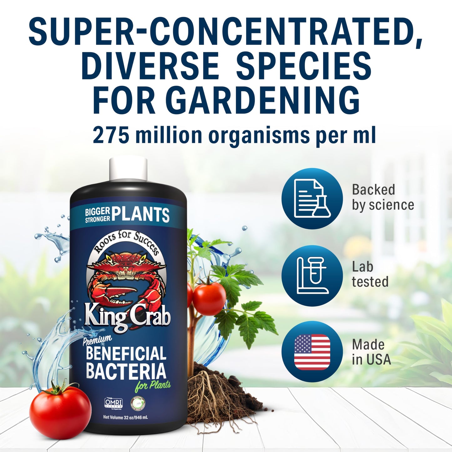 Root Stimulator for Plants, King Crab Ultra Concentrated OMRI Organic Bacteria for Plants, 275 Million Organisms per ml, Roses, Tomatoes, Houseplants, Trees and Succulents 1 gal Makes 7,500 Gallons