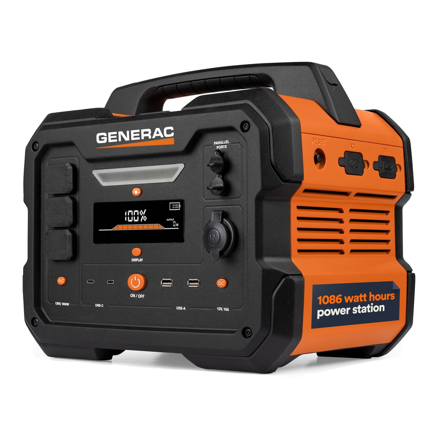 Generac 1086Wh Portable Power Station with Lithium-Ion Battery - Clean, Emission-Free Power - Wirless Charging Pad and Compact Design - Camping, RV, Indoor/Outdoor Use - Orange/Black