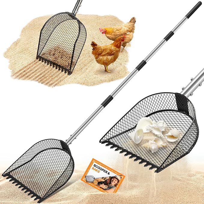 Metal Chicken Poop Scooper and Rake 2-in-1, Chicken Coop Scoop for Poop Sand with Stainless Steel Handle (43-73" Adjustable), Sifter Shovel Chicken Coop Sand Rake for Chicken Coops & Farm Animals