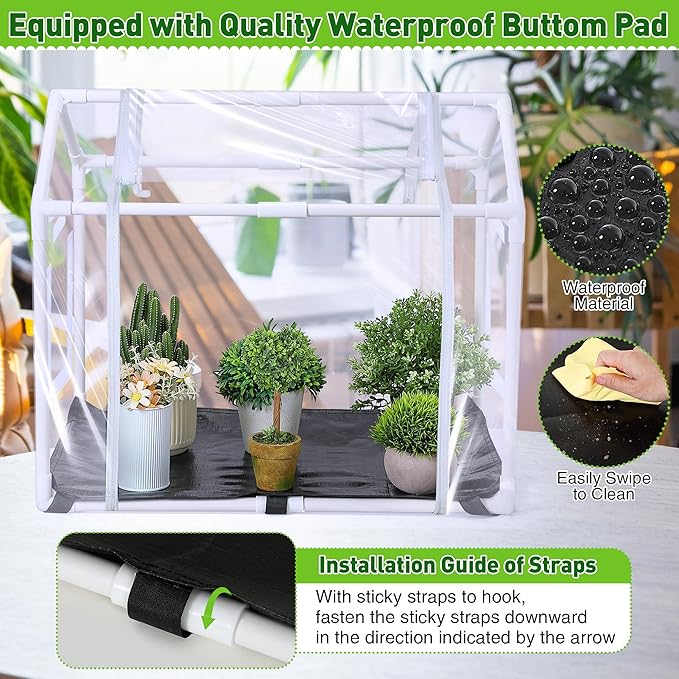 Meonum Mini Greenhouse with Potting Mat for Indoor Plant, Heavy Duty Portable Green House with Waterproof Pot Pad for Small Plants, Clear Small Plant Tent for Seed Humidity