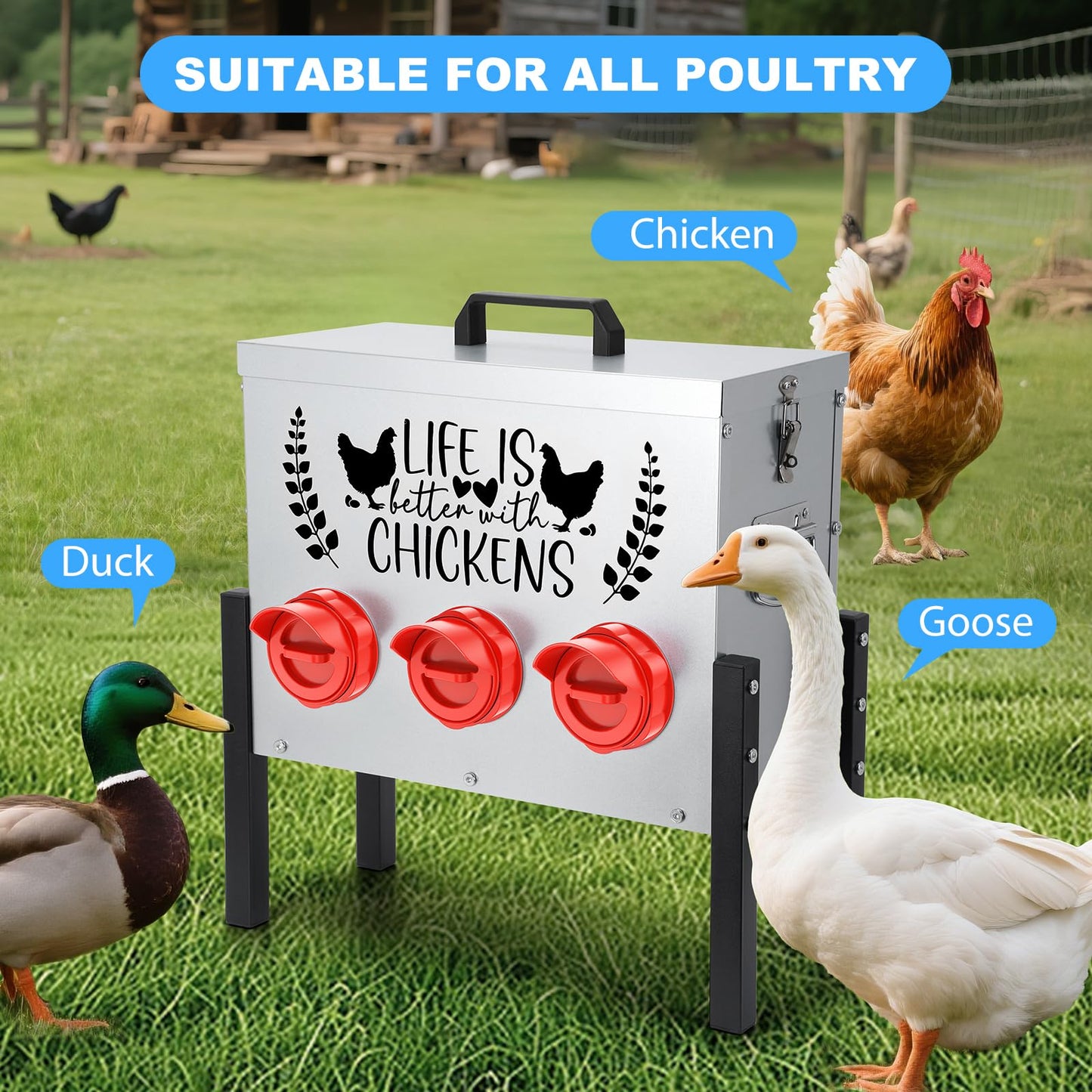 30 lb Chicken Feeder with 6 No-Waste Ports – Heavy-Duty Outdoor Metal Feeder with Adjustable Height, Locking Lid & Riveted Handles – Rustproof Feed Box for Poultry & Backyard Chickens