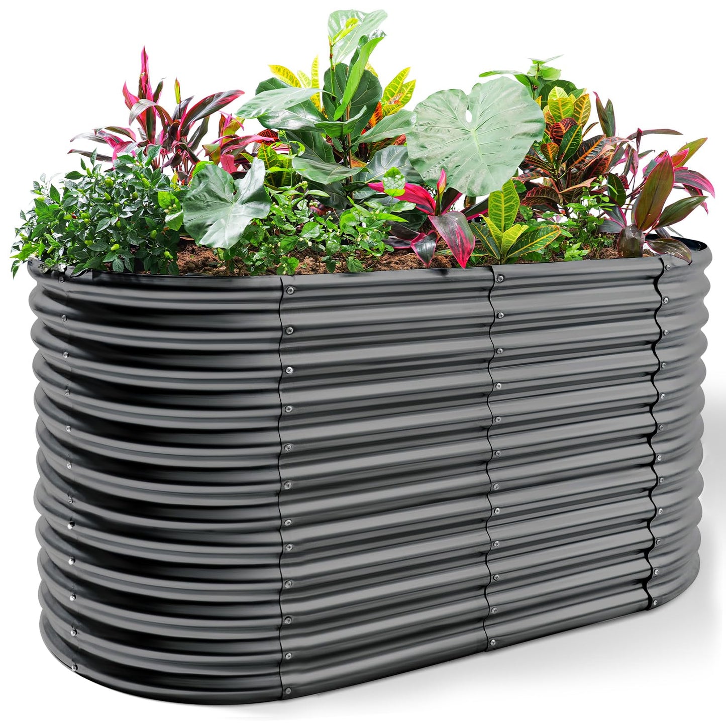 Land Guard 8x4x3ft Oval Galvanized Raised Garden Beds, Large-Capacity Metal Planter Box Outdoor, Durable Deep Raised Garden Bed 3ft Tall, Raised Beds for Gardening Vegetables, Dark Grey