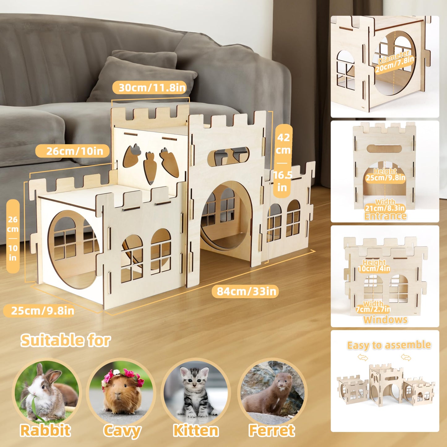 HIIMALEX Extra Large Bunny Castles Hideout Split Balcony for Indoor Bunnies Climbing Tower with Tunnel Sturdy House for Rabbits Ferrets Guinea Pigs Hamsters Ventilated Enrichment Toys Habitat