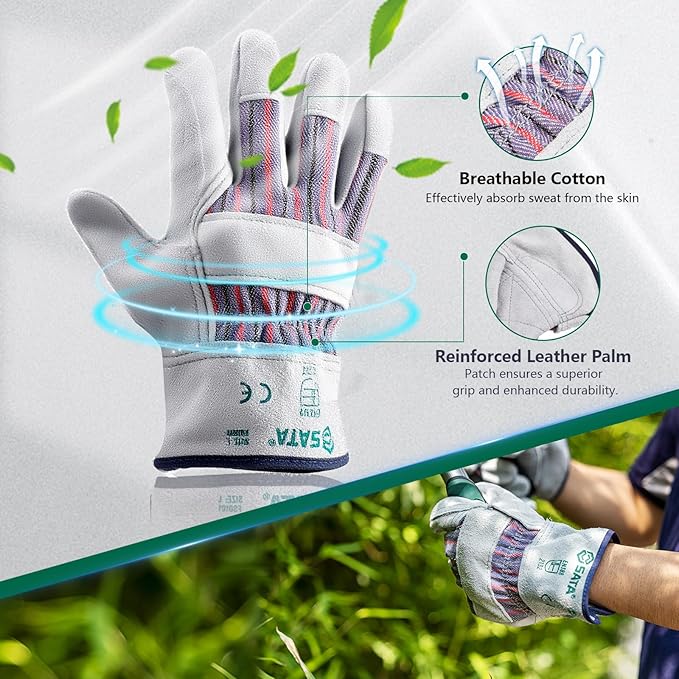 SATA Heavy Duty Halfleather Work Gloves, Doublelayer Cowhide, Cotton Lining, Leather Palm, Gardening, Yard Gloves