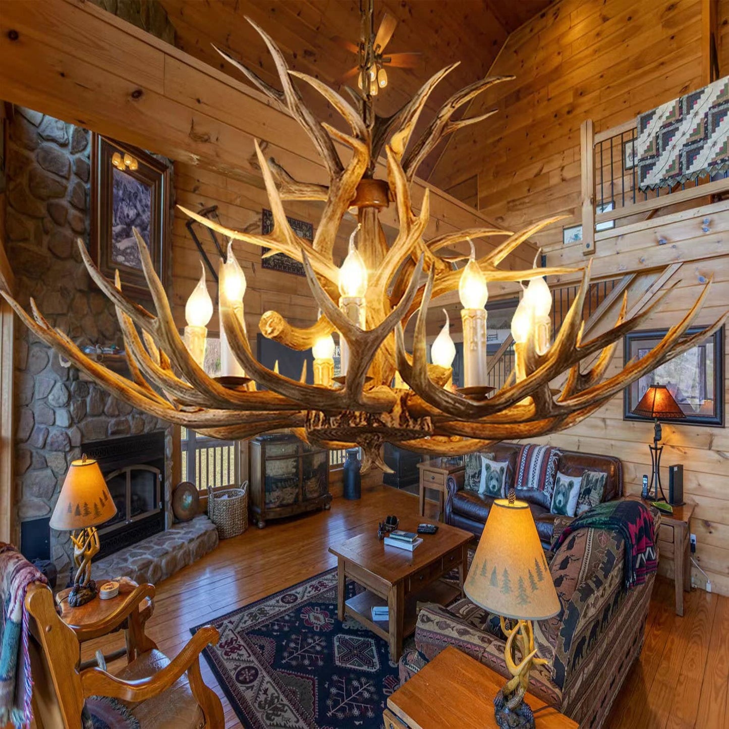 AUNLPB Antler Chandelier, Deer Horn Chandelier 8 Light, Double Layer Retro Farmhouse Antler Light Fixtures with E12 Base for Dining Room Kitchen, Cafe, Store 8-light double big