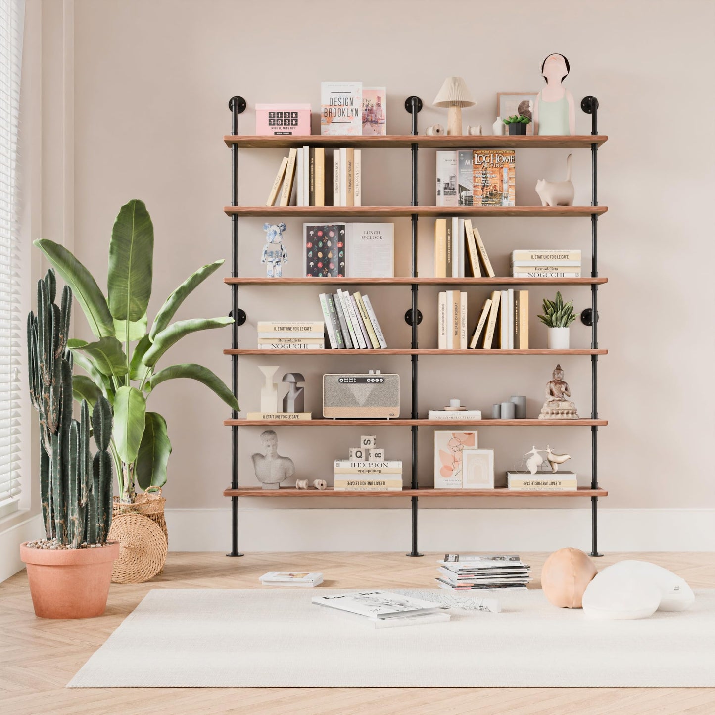 Anynice Industrial Ladder Shelf Bookcase, Wall Mounted Rustic Bookshelf, Retro Wood Metal Pipe Industrial Shelves for Living Room(Weathered Brown, 6 Tier - 10" D x 70" W x 82.5" H)