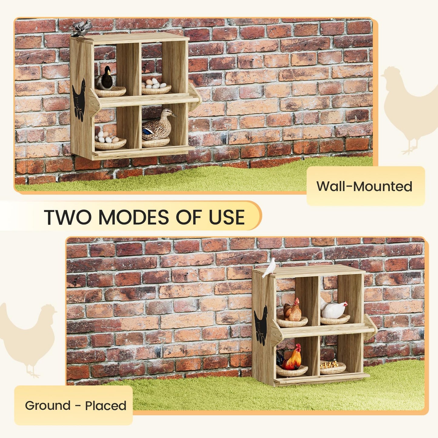 Chicken Nesting Box, 4 Compartment Wooden Nesting Boxes for Chickens with Perches, Floor/Stand/Wall Mount Large Chicken Nesting Boxes for Small & Medium Poultry