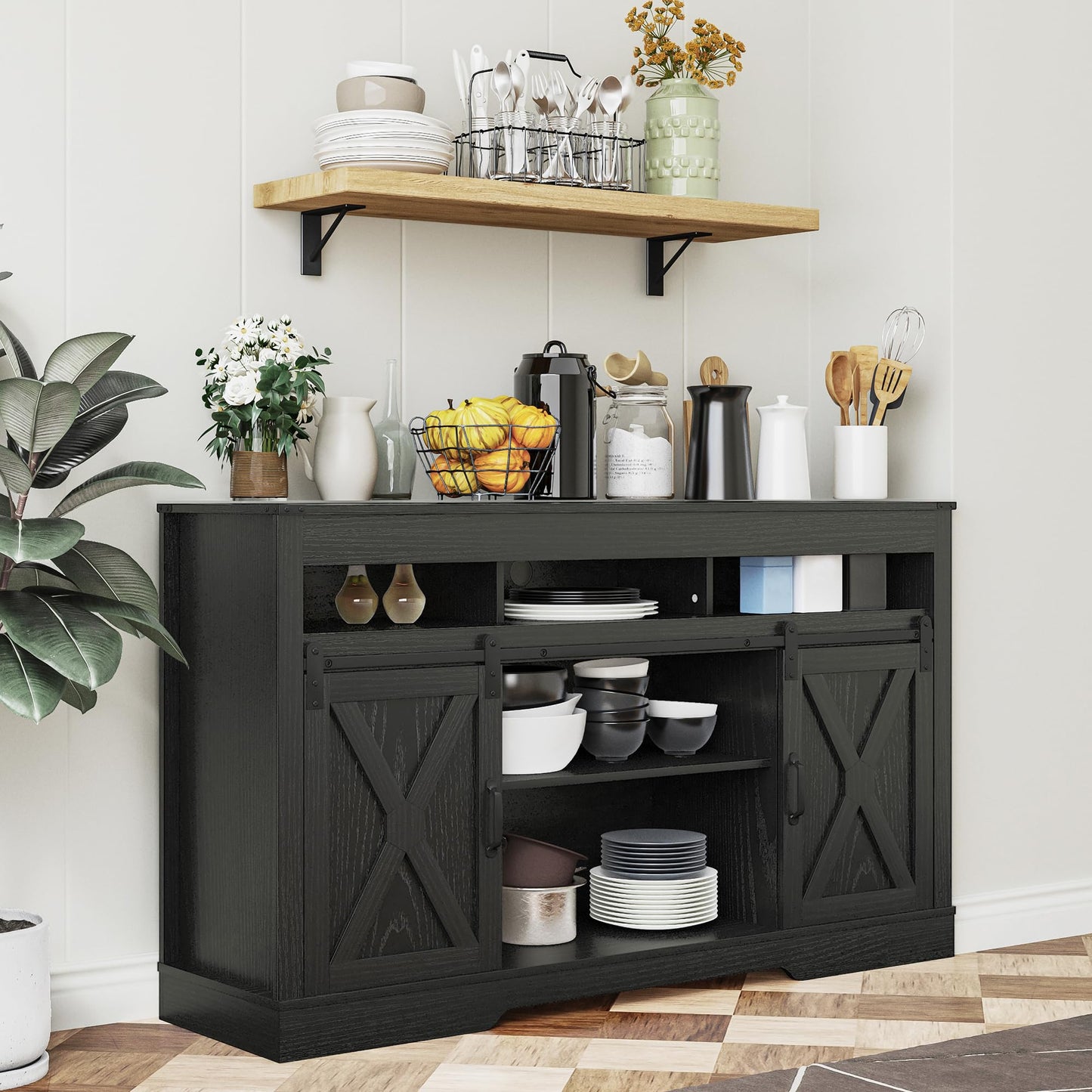 FansaFurn Farmhouse TV Stand for 65+ Inch TV, 34'' Tall Entertainment Center with Sliding Barn Doors, Rustic Wood Media Console Storage Cabinet Television Stand for Living Room, Bedroom (Black)