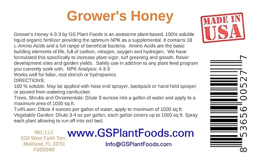 Grower’s Honey Plant Based Liquid Fertilizer - Organic Plant Food for Huge Vegetative Growth (1 Quart) - Liquid Fertilizer for Vegetables, Bigger Flowers and Jumbo Fruits
