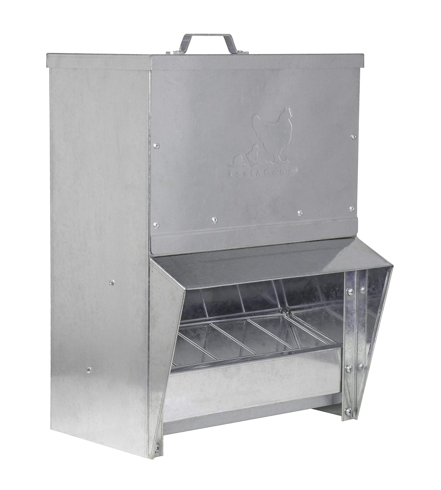 RentACoop Galvanized Chicken Trough Feeder, Weatherproof Poultry Food Dispenser with Lid 25LB Capacity