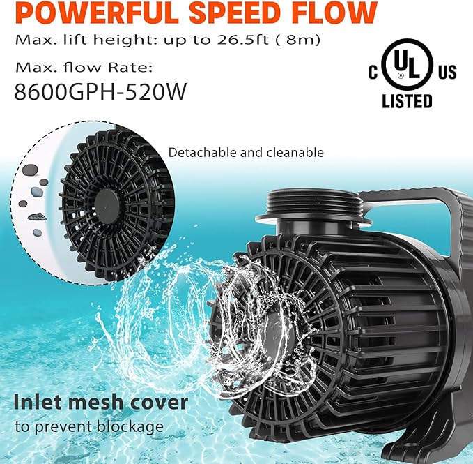 WaterRebirth (8600GPH 520W, UL listed) High Flow Submersible Water Fountain Aquarium Sump Pond Electric Waterfall Pump PS-8600