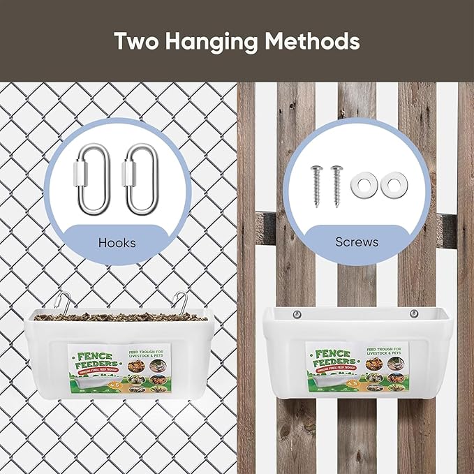4 Pack Chicken Feeders, 4.5 Quart Goat Hanging Fence Feeders, with Hooks, Screws, & Chicken Coop Treat Bag, Livestock Feeders Water Bucket for Chickens, Ducks, Dogs, Cows, Sheep, Rabbits