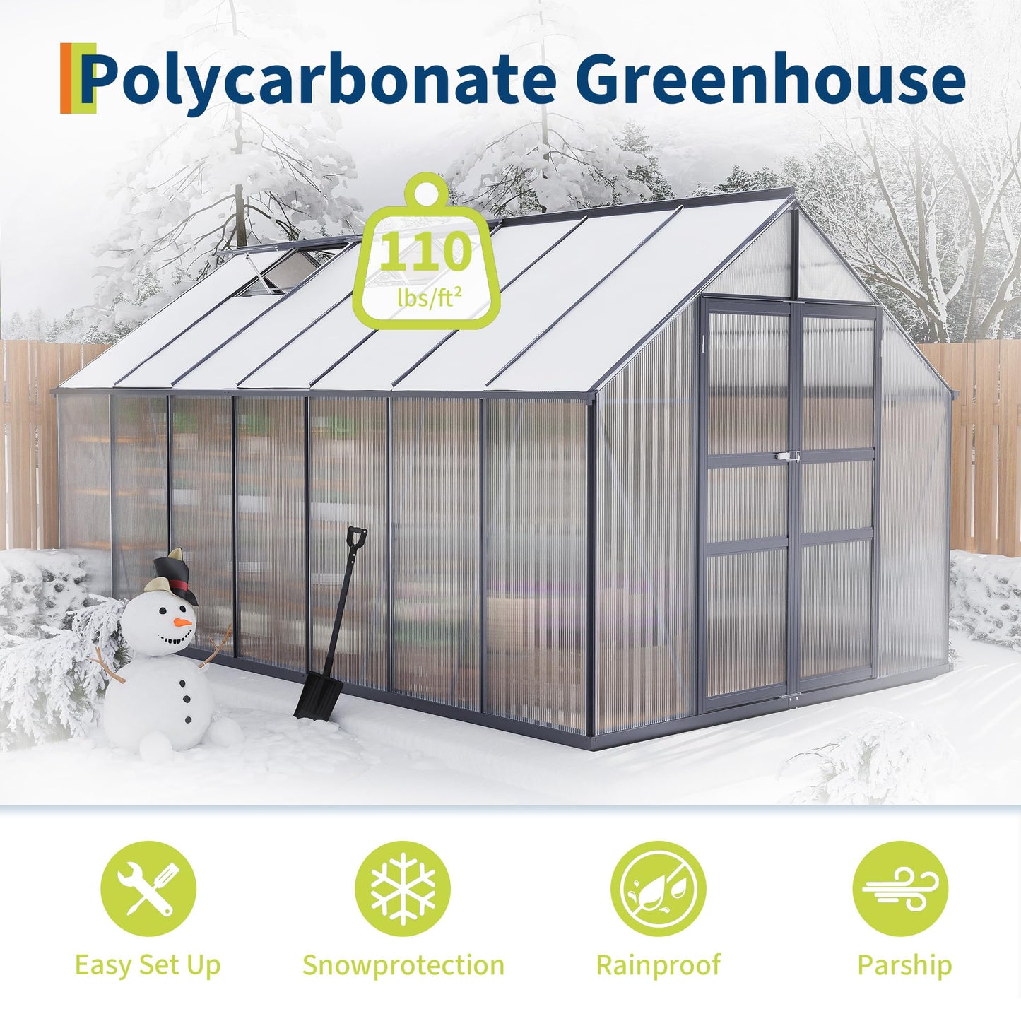 8x14 Greenhouses for Outdoors, Polycarbonate Walk-in Green House with UV Protection, Heavy Duty Greenhouse with Windproof Aluminum Frame, Roof Vent & Quick-Install Design for Backyard or Garden Use