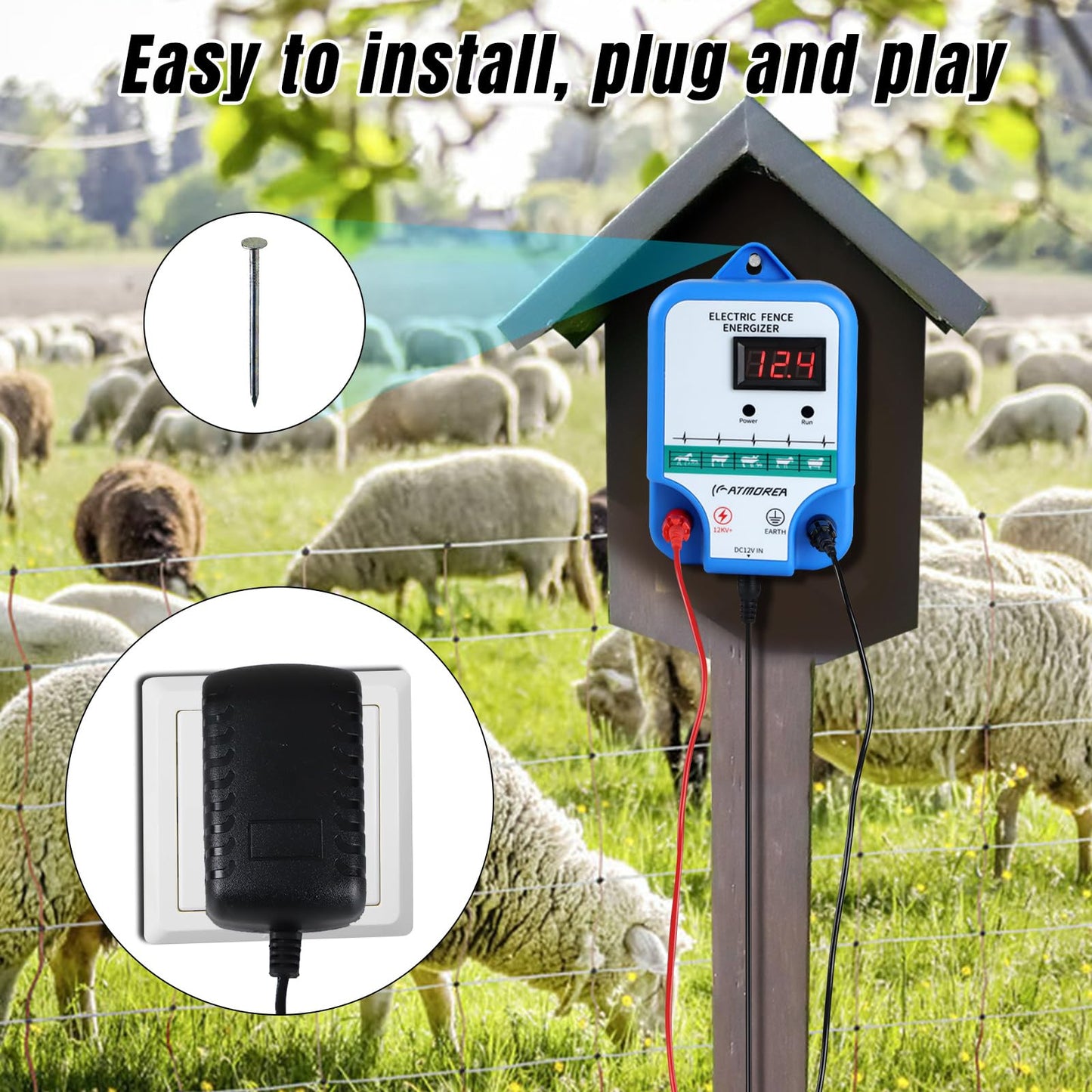 ATMOREA Electric Fence Charger - Multi-Powered, 12 kV 3 Joules High-Power Output Energizer with LED Display, Repels Large Wildlife - Ideal for Livestock, Pet, Poultry, Gardens, Orchards Protection