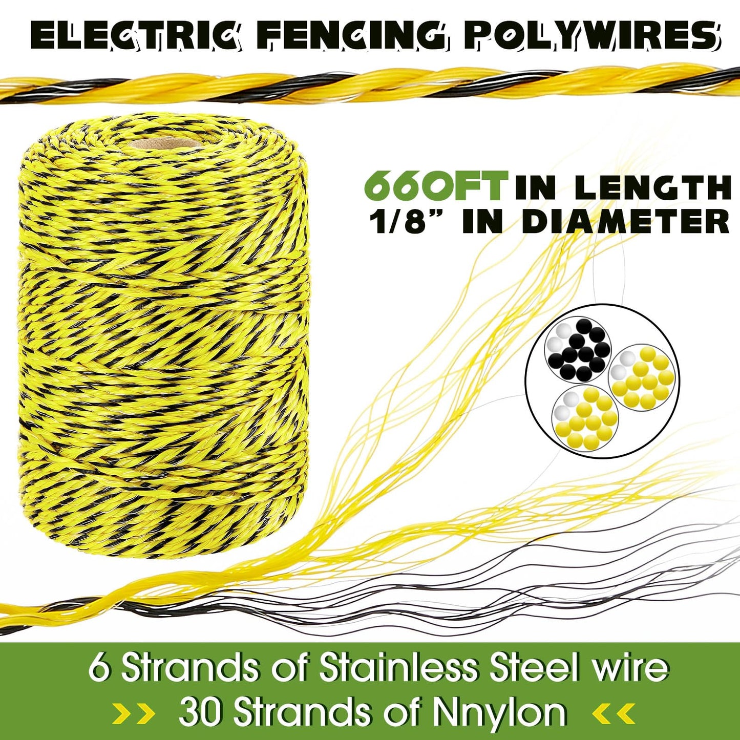 Sweetude 660 Feet Electric Fence Polywire and 100 Pcs Electric Fence Insulator with 1 Pcs Insulator Socket Tool Resistant Glove Electric Fence 6 Stainless Steel Strands for Fence Landowner Farmer
