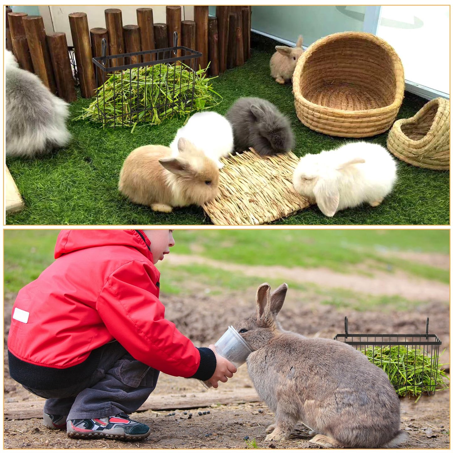 4PCS Rabbit Hay Feeder Guinea Pig Hay Feeder, Heavy Duty Metal Frame Feeding Hay Rack Pet Feeder, Small Animal Basket with Hook for Rabbits Guinea Pigs Chinchillas Timothy