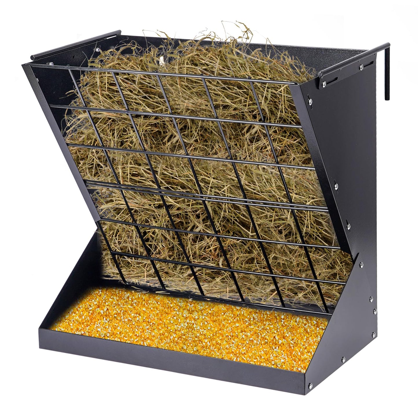 JLUHYANN 25 Gallon Hay Feeder for Goat 2 in 1 Heavy Duty Manger Hay and Grain Feeder Wall Mount Hay Rack Livestock Feeder No Waste with Adjustable Distance for Livestock Goats Sheep Horse