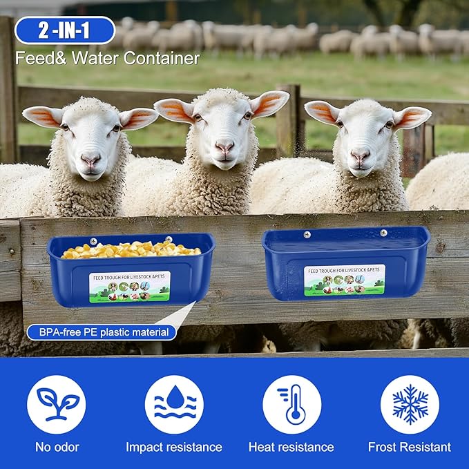 Chicken Feeder Waterer, 3 Pack Duck Feeder Supplies, Hanging Fence Feed Trough with Clips for Goat, Sheeple, Piglet, Gooses, Turkeys, Dog Livestock Poultry, Blue