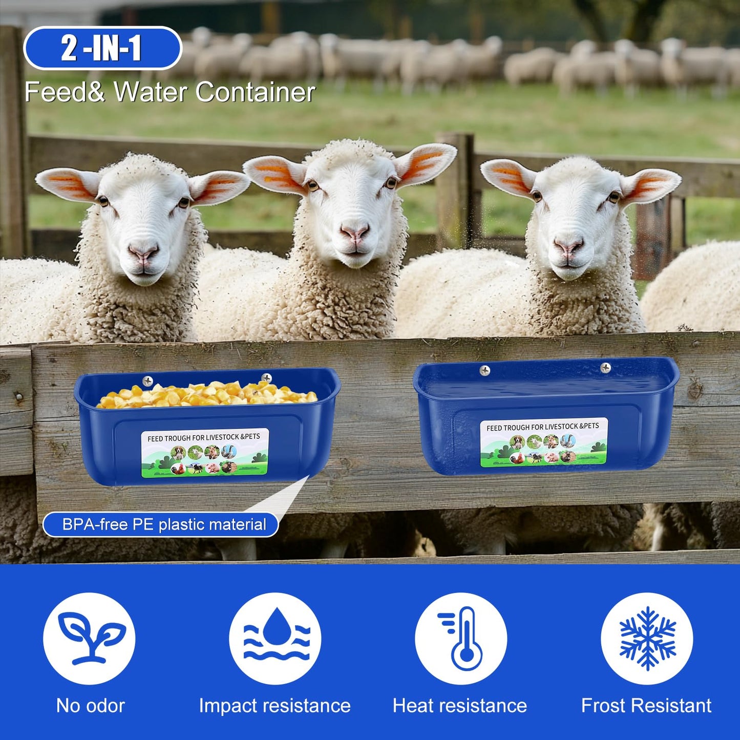 JNYLYFC Chicken Feeder Waterer, 3 Pack Duck Feeder Supplies, Hanging Fence Feed Trough with Clips for Goat, Sheeple, Piglet, Gooses, Turkeys, Dog Livestock Poultry, Blue