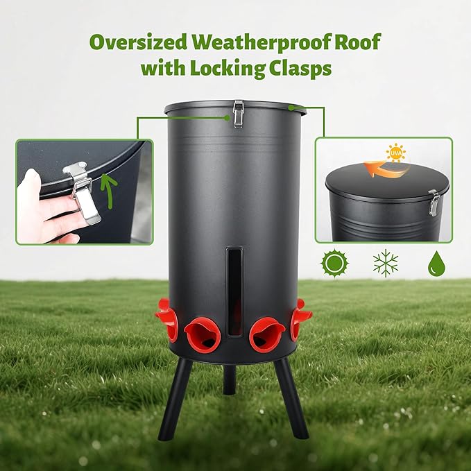KOL 75 LB Large Free Standing Chicken Feeder, Portable Gravity Chicken Feeder Automatic, Dispenser, 8 Feeding Ports Poultry Feeder for Chicken Rooster & Hen (Black)