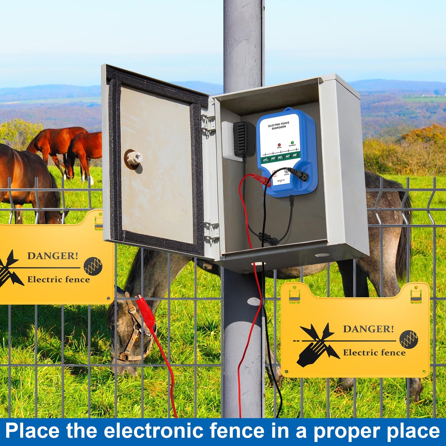 Electric Fence Charger - 12 kV 3 Joules High-Power Electric Fence Energizer for Garden, Chicken, Cattle，Pet，AC/12V/Solar Powered, Weather-Resistant, Safe & Durable for Livestock & Pets