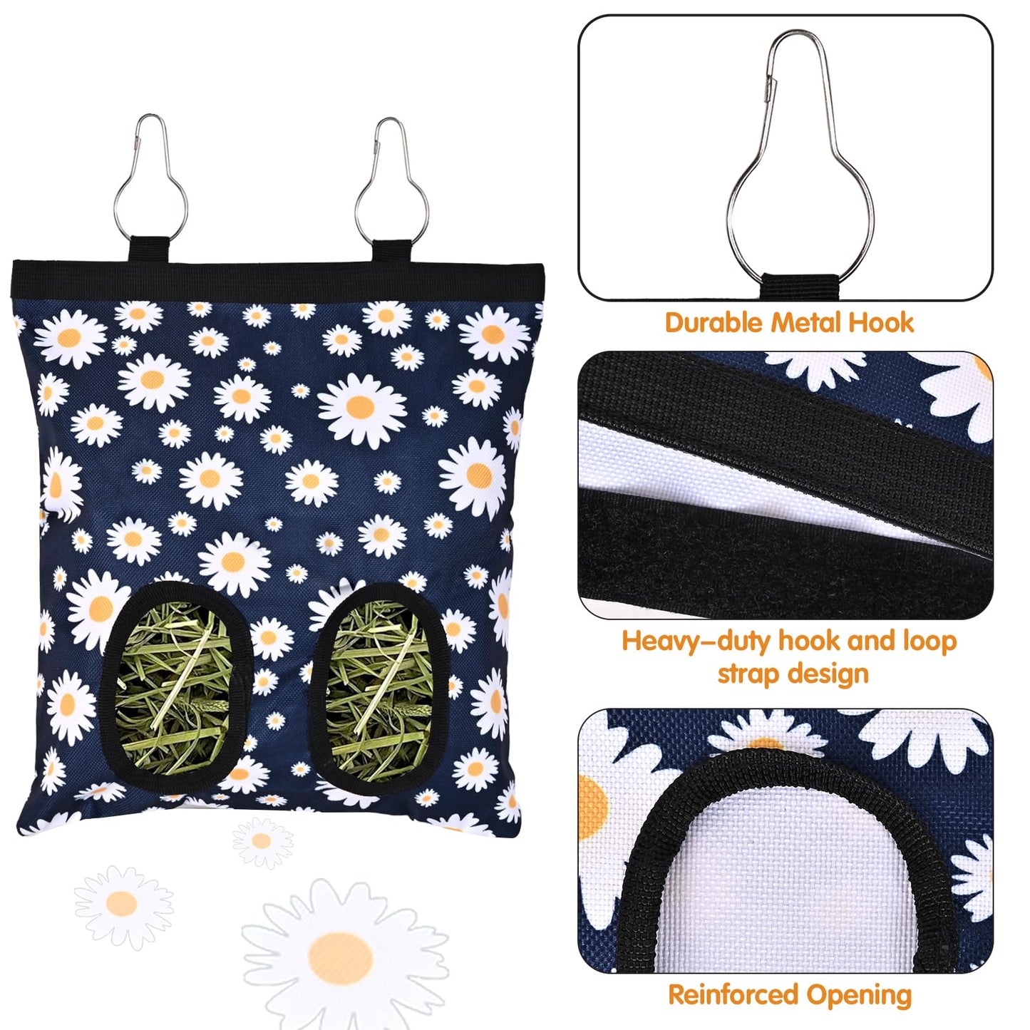 Upgraded Rabbits Hay Feeder Bag for Bunny, Guinea Pigs, Chinchillas - Hanging Washable 2-Hole Hay Dispenser with 600D Oxford Fabric, Small Animal Cage Accessories (Blue Daisy)