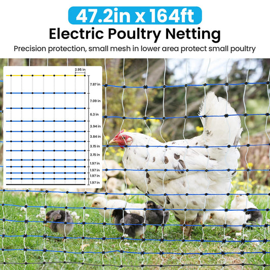Electric Poultry Netting, 47.2" H x 164'L Electric Chicken Fence, Portable Chicken Fence with Double Spiked Fiberglass Posts for Chickens, Ducks,Turkeys, Sheep, Geese in Yard, Farms,Backyards, Garden