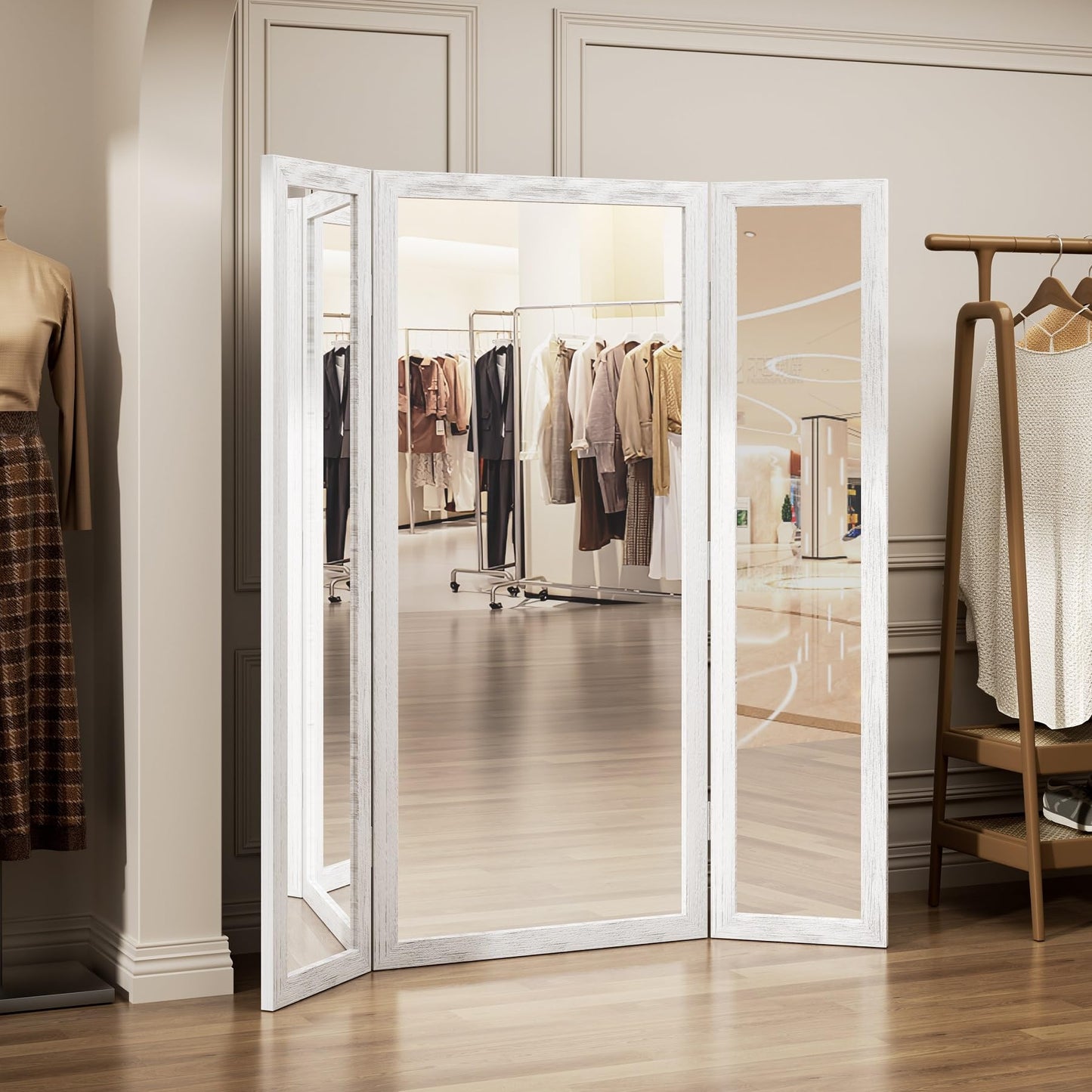 3 Way Full Length Trifold Mirror with Tempered Glass, 3 Panel Oversized Extra Large Free Standing Mirror with Rustic Wood Frame, for Wedding Dress/Clothing Shop/Bedroom/Closet, 71"x67", RusticWhite