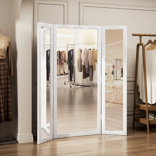 3 Way Full Length Trifold Mirror with Tempered Glass, 3 Panel Oversized Extra Large Free Standing Mirror with Rustic Wood Frame, for Wedding Dress/Clothing Shop/Bedroom/Closet, 71"x67", RusticWhite