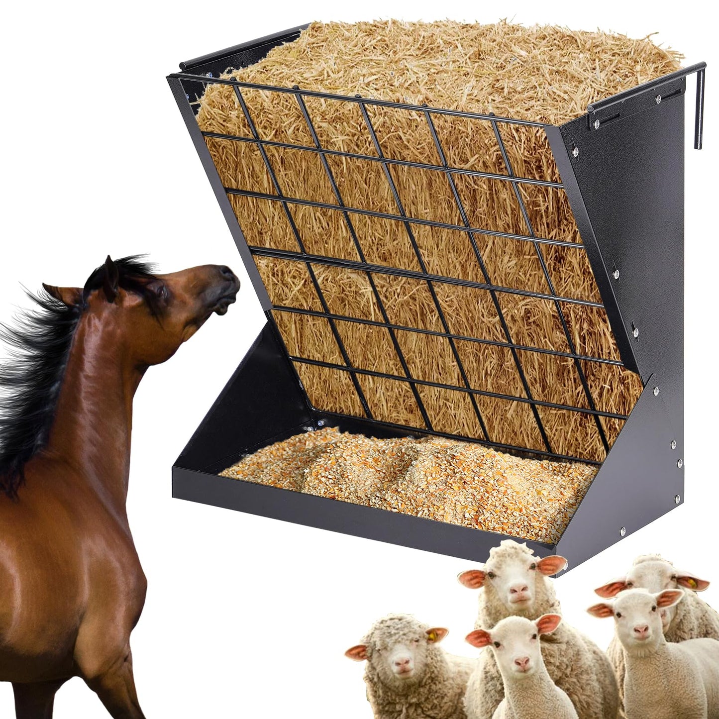 PAUQRWIE Hay Feeder for Goats 25 Gallon Horse Hay Rack Wall Mount 2 in 1 Hay and Grain Feeder Metal Livestock Mineral Feeders for Sheep Nigerian Dwarf Goats, Hanging, Adjustable