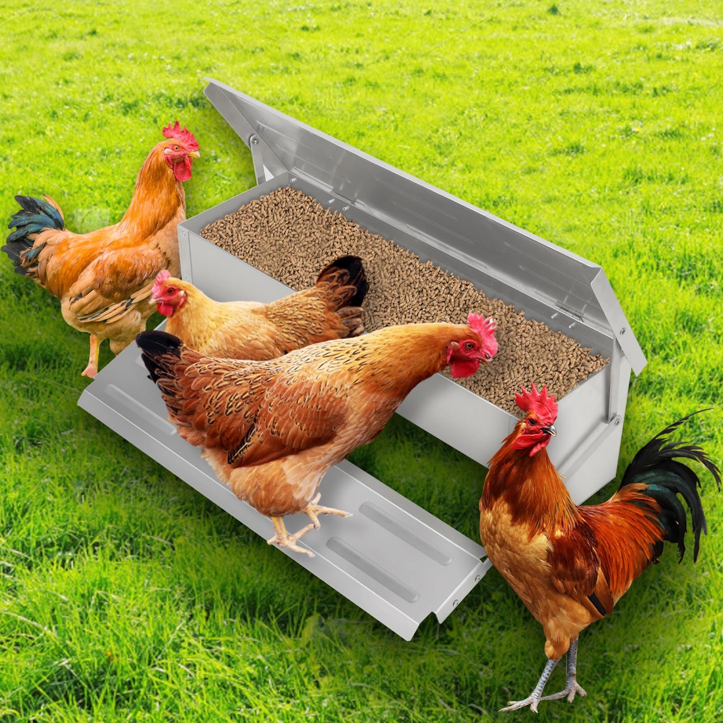 Automatic Chicken Feeder Treadle, Large Poultry Feeders No Waste Stainless Steel Rat Proof, Chicken Feeder Trough with Weatherproof Lid Treadle Self-Opening for Duck Fowl