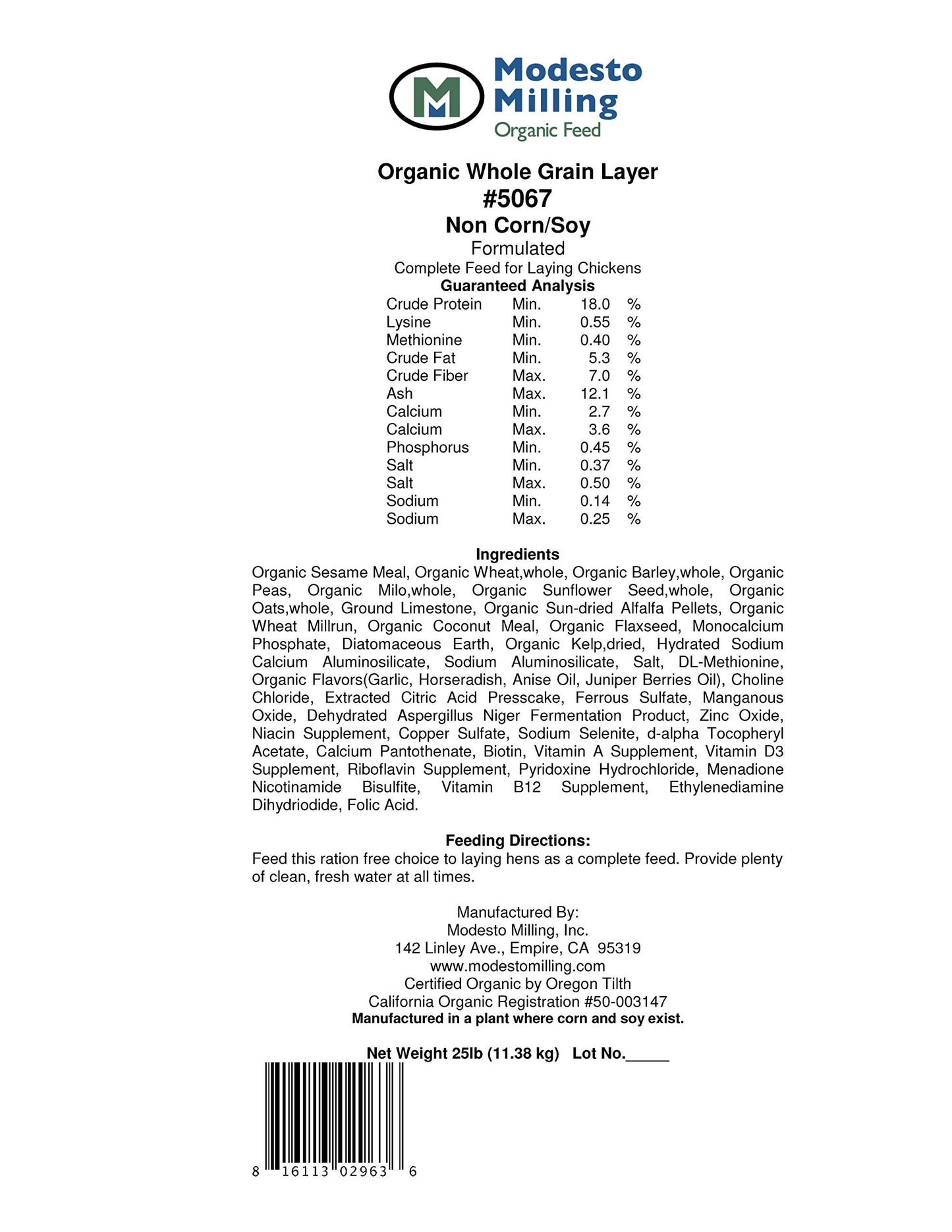 Modesto Milling Organic, Whole Grain Layer, 25 lbs; Item# 5067
