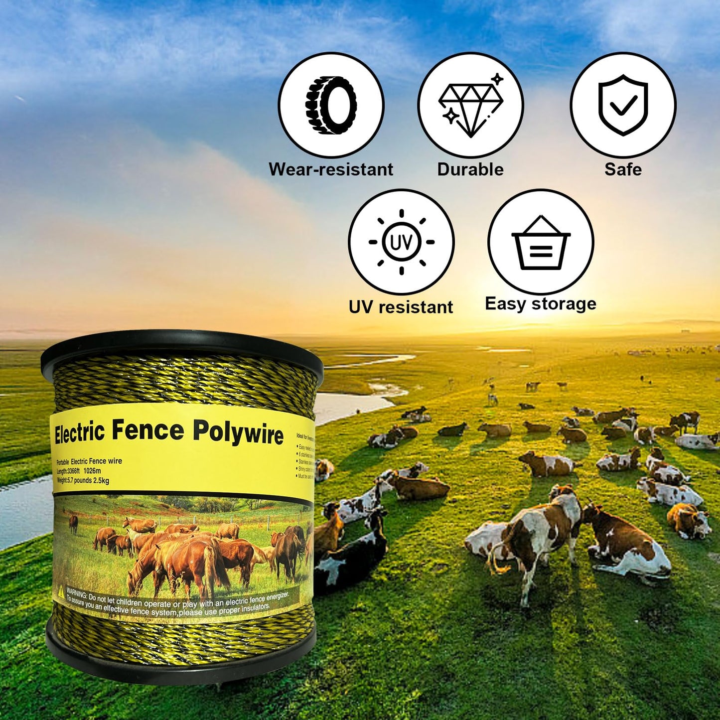 DSZBESTER Upgraded Electric Fence Polywire 3366 feet 1026 Meters,1/8 Diameter Portable Electric Fencing Polywires, 6 Stainless Steel Strands for Reliable Conductivity and Corrosion Resistant