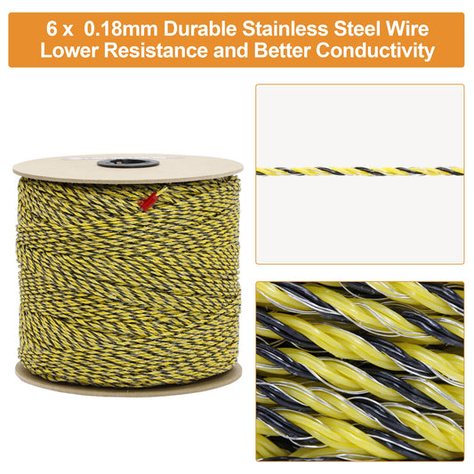 HENGTONG Electric Fence Poly Wire 1640ft 500m, 6 x 0.18mm Stainless Steel Conductors, Portable Electric Fence Polywire for Livestock, Yellow and Black Fence Wire