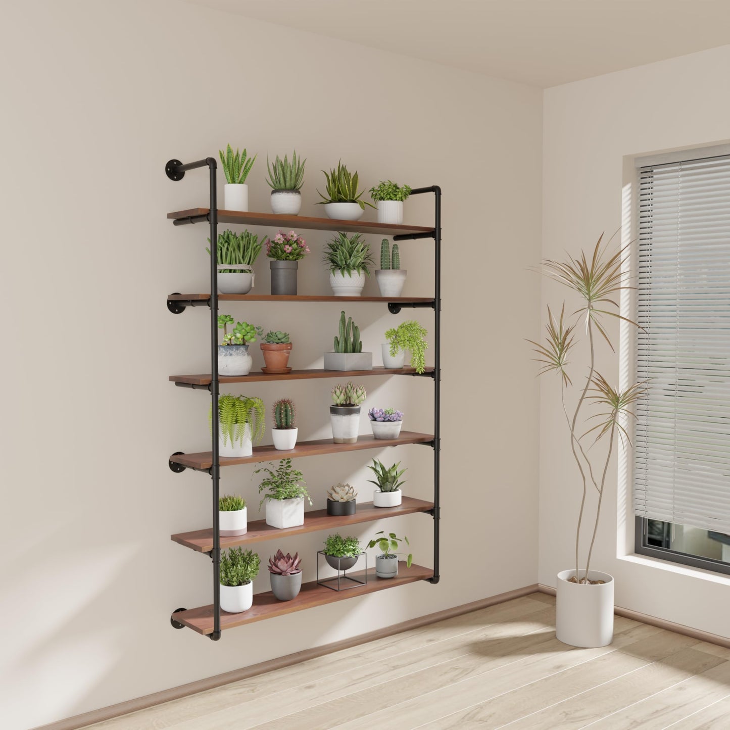 ONOTETUT 6 Tier Industrial Pipe Shelves with Wood Planks, 48 inch Iron Pipe Shelving, Retro Wall Mounted Bookshelf, Floating Bar Shelves for Kitchen,Living Room