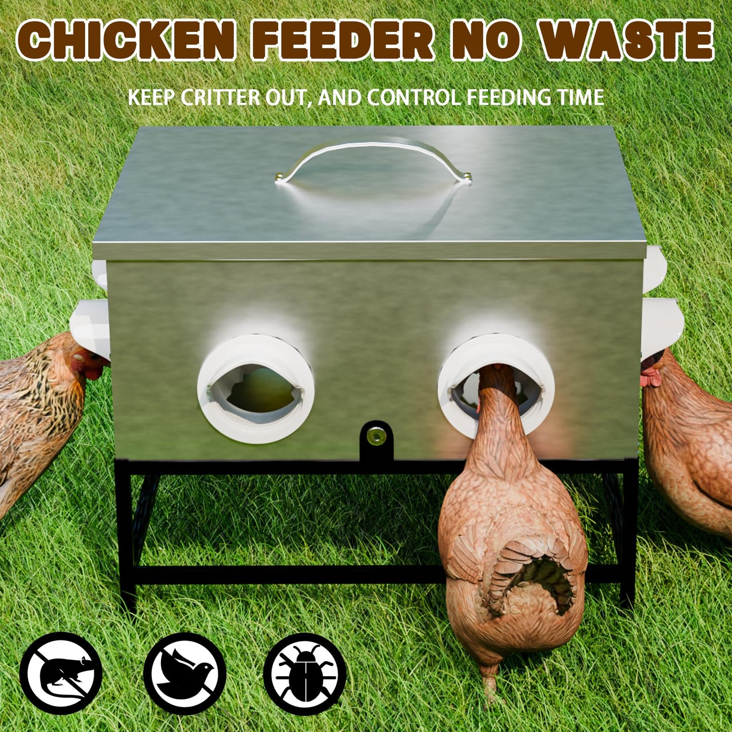 uhearem Automatic Chicken Feeder No Waste, 35lb 8 Ports Large Galvanized Metal Chicken Feeders Rodent Proof with Locking Lid and Upgraded Stands for Hen Coop