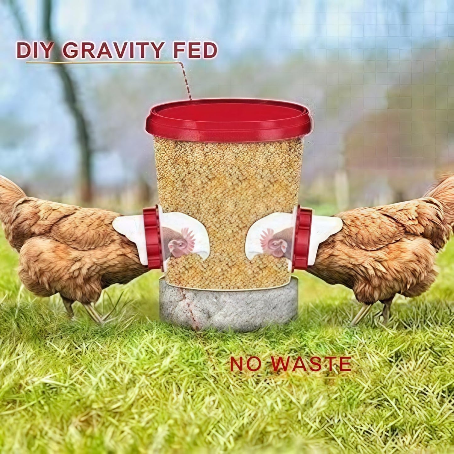 Chicken Feeders No Waste, DIY Automatic Poultry Feeder 8 Ports 1 Hole Saw with Covers Gravity Feed Kit for Buckets Barrels Bins Troughs (Red, 8)