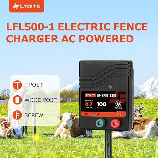 Electric Fence Charger AC Powered 100 Miles 300 Acres, 110 Volt 6.7 Joule Plug-in Electric Fence Energizer, Output Voltage Max 10.2 kV for Livestock, Preventing Predators from Intruding