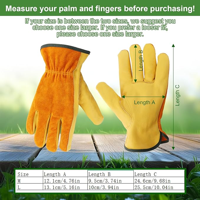 Leather Work Garden Gloves for Men & Women，Safety Work Gloves for Gardening, Welding, Construction, Farm, Ranch, etc. Thorn Proof , Planting,Heavy Duty，Roses Pruning Gardening Working Gloves, Gifts M