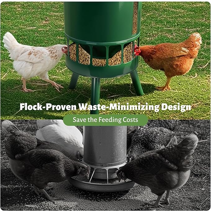 KOL Metal Chicken Feeder No Waste - 50lbs Poultry Feeder with 16 Ports, Powder Coated Rust-Proof Design & Smooth Edges for Safe Feeding (Green)