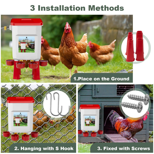 Automatic Chicken Waterer, Float-Controlled Chicken Water Feeder, Large Watering System with 60 Inch Water Hose (One End 3/4''), Poultry Waterer for Duck Quail Turkey Chick (2 Gallons, Red)