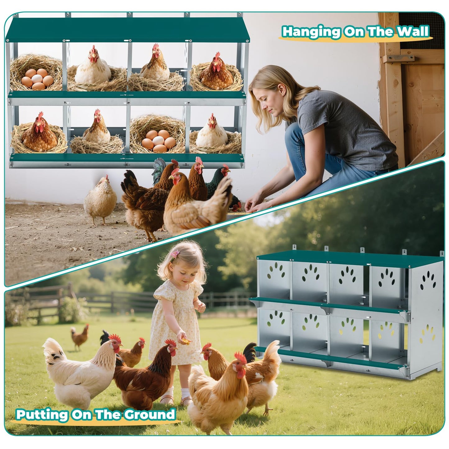 Yafylly Chicken Coop Nesting Boxes, Wall Mountable Metal Chicken Nesting Box, Easy Egg Collection Roll Away Nesting Boxes Chicken, Roosting Boxes for Chickens, 8 Compartments