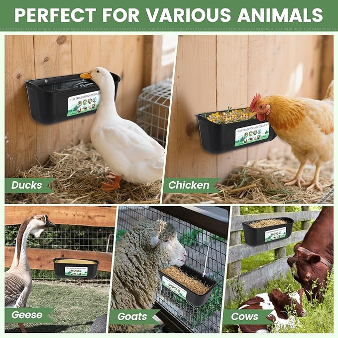 4 Pack Hanging Chicken Feeder,Fence Feeder Trough and Waterer for Goat Sheep Deer Duck Poultry Livestock,Feeding Waterer Container Bucket with Clips and Brush (Black)