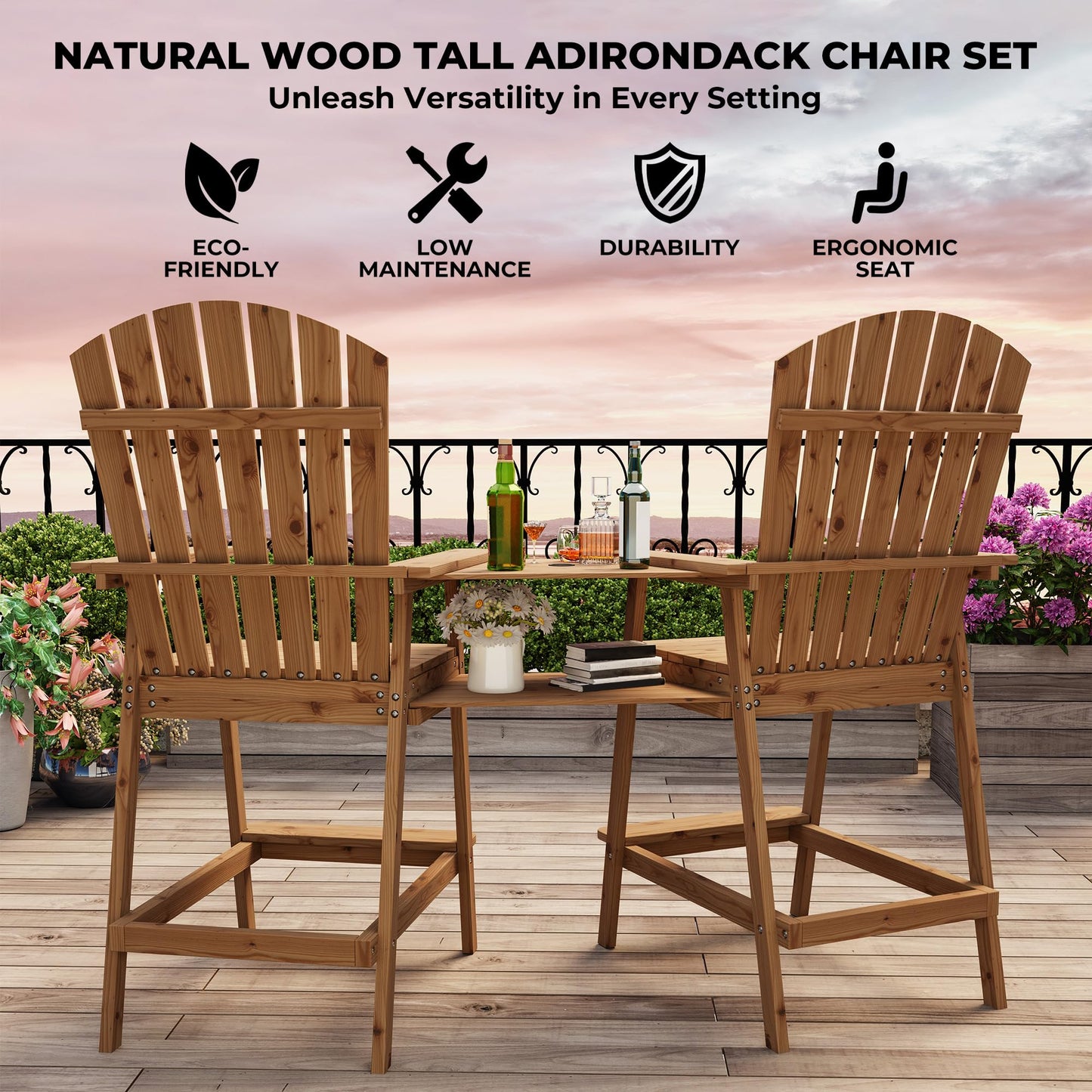 GarveeLife Outdoor Bar Height Adirondack Chairs with Connecting Tray, Balcony Chairs Adirondack for Deck, Backyard, Outdoor Tall Adirondack Chairs, Patio High Set of 4, Natural Wood