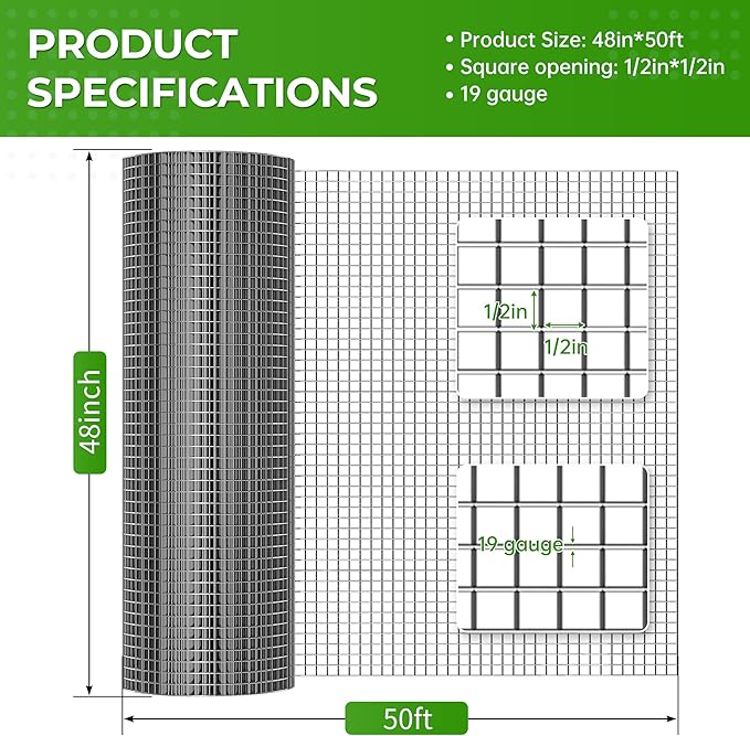19 Gauge Hardware Cloth 1/2 inch 48 x 50 ft Galvanized Chicken Wire Mesh Roll, Rabbit Hutches, Chicken Coops, Tree Guard, Wire Fence Roll, Hardware Mesh