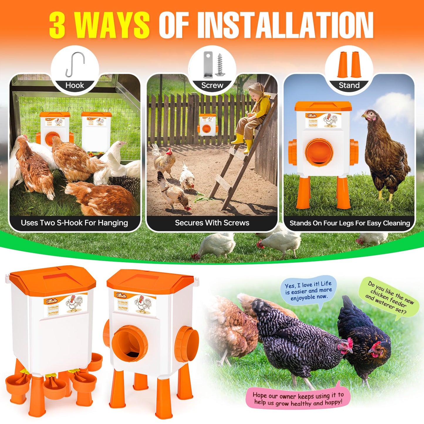 Chicken Feeder and Waterer Set, Chicken Coop Accessories, 3.1 Gallon/24.2 Pounds, Automatic Chick Feeder and Waterer Set No Waste