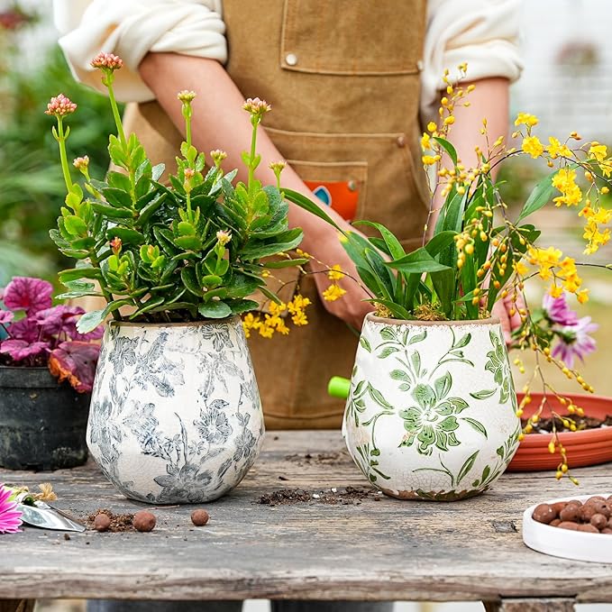 Sungmor Vintage Ceramic Plant Pots, Set of 2 Pretty Ice Cracked Glaze Ceramic Flower Pots, 5.7in. Herb Planters with Drainage Hole, Tuscan Planters for Indoor Outdoor Plants, Home Garden Decor Pot