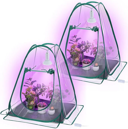 Meonum 2 Pack Mini Greenhouse with 10W 200 LED Grow Light Bulbs for Indoor, 27" x 27" x 30" Pop Up Small Greenhouse Cover with Bottom Waterproof Bottom Mat for Indoor Outdoor Plants Seed Starting